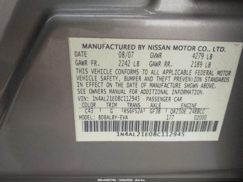 2008 Nissan Altima 2.5 S VIN: 1N4AL21E08C112945 Lot: 43857768