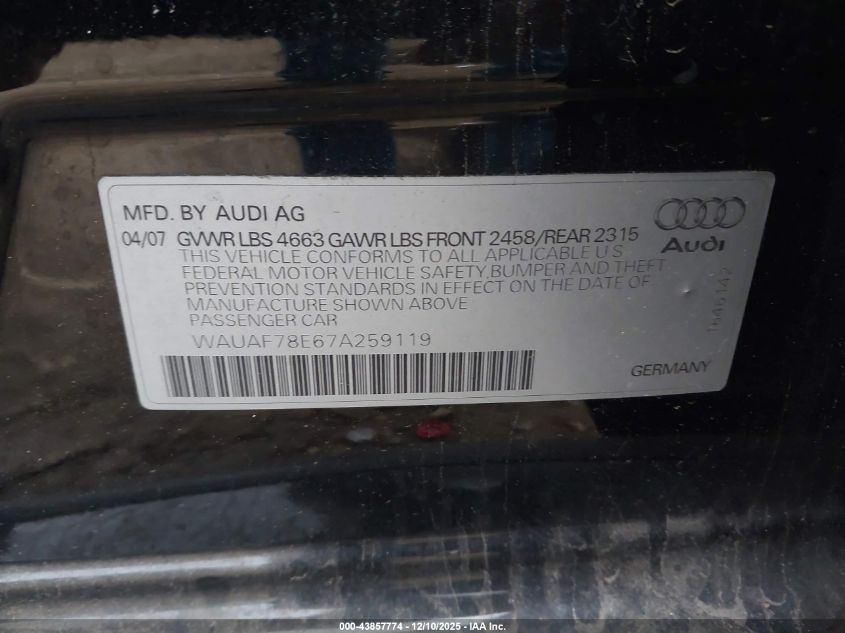 2007 Audi A4 2.0T VIN: WAUAF78E67A259119 Lot: 43857774