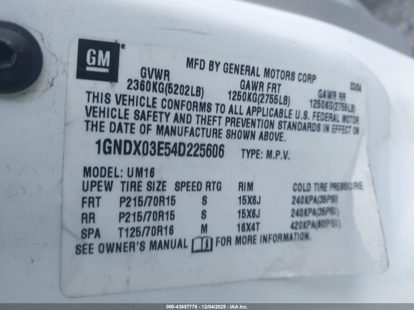 2004 Chevrolet Venture Plus VIN: 1GNDX03E54D225606 Lot: 43857778