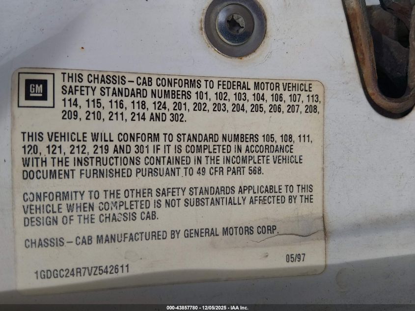 1997 GMC Sierra 2500 Chassis VIN: 1GDGC24R7VZ542611 Lot: 43857780