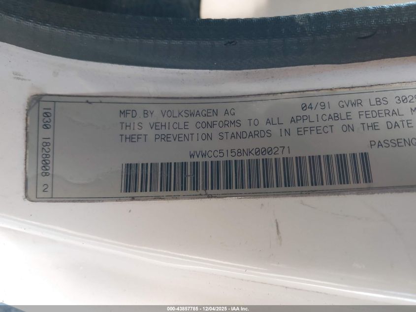 1992 Volkswagen Cabriolet VIN: WVWCC5158NK000271 Lot: 43857785