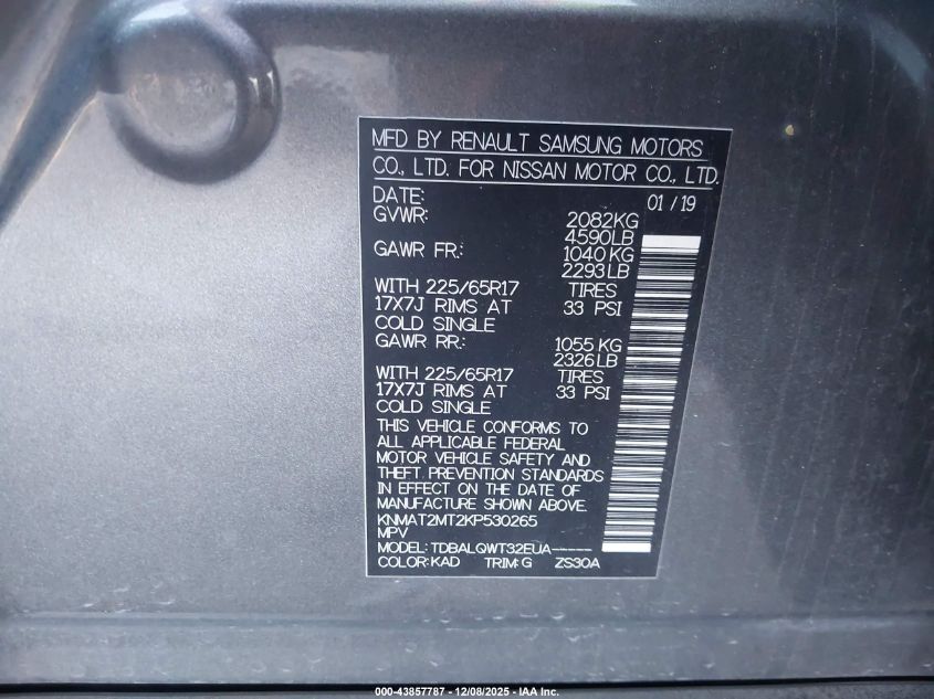 2019 Nissan Rogue Sv VIN: KNMAT2MT2KP530265 Lot: 43857787