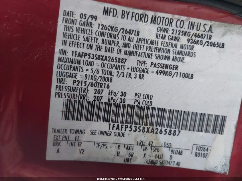 1999 Ford Taurus Se/Se-Ne VIN: 1FAFP53S8XA265887 Lot: 43857788