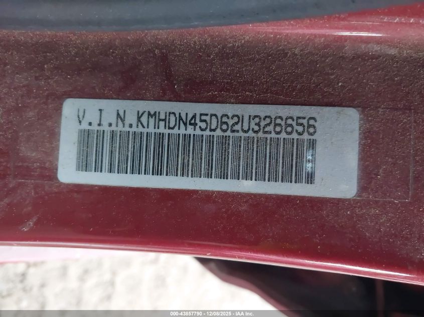 2002 Hyundai Elantra Gls VIN: KMHDN45D62U326656 Lot: 43857790