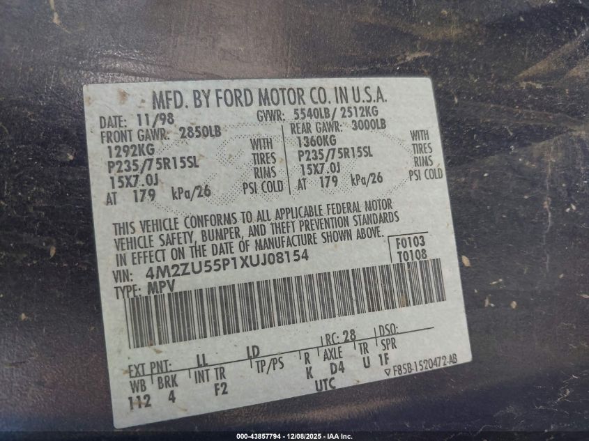 1999 Mercury Mountaineer VIN: 4M2ZU55P1XUJ08154 Lot: 43857794