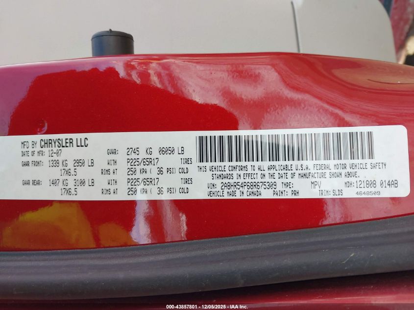 2008 Chrysler Town & Country Touring VIN: 2A8HR54P68R675309 Lot: 43857801