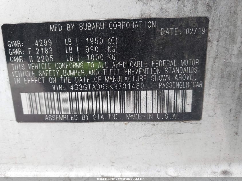 2019 Subaru Impreza 2.0I Premium VIN: 4S3GTAD66K3731480 Lot: 43857805