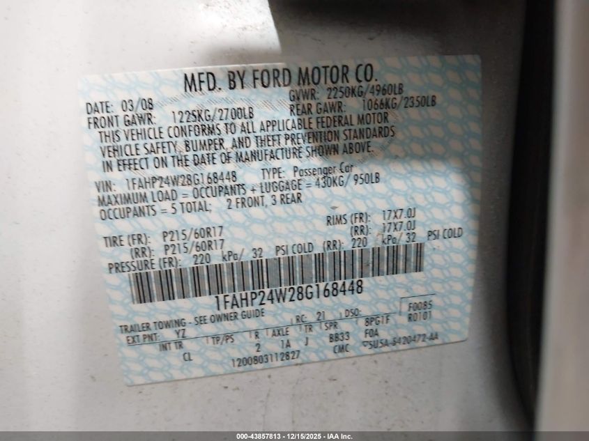 2008 Ford Taurus Sel VIN: 1FAHP24W28G168448 Lot: 43857813