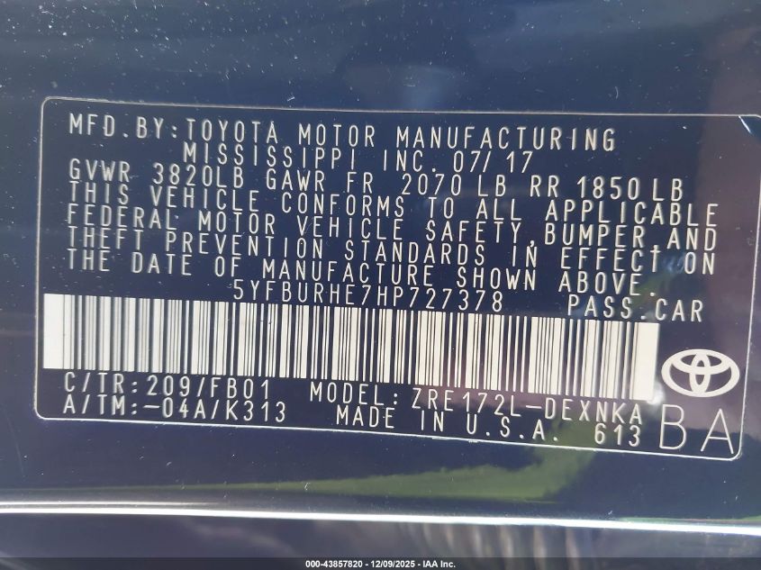 2017 Toyota Corolla Le VIN: 5YFBURHE7HP727378 Lot: 43857820