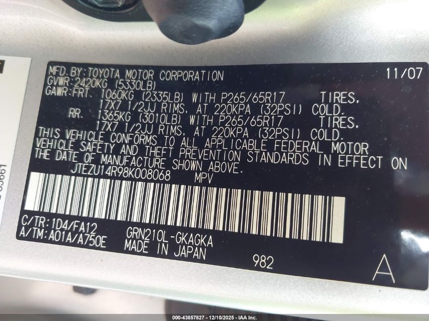 2008 Toyota 4Runner Sr5 V6 VIN: JTEZU14R98K008068 Lot: 43857827