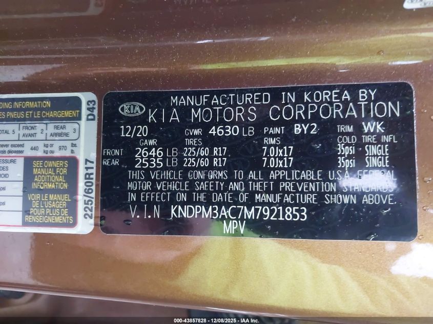 2021 Kia Sportage Lx VIN: KNDPM3AC7M7921853 Lot: 43857828