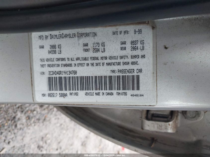 2000 Chrysler Concorde Lx VIN: 2C3HD46R1YH134760 Lot: 43857832