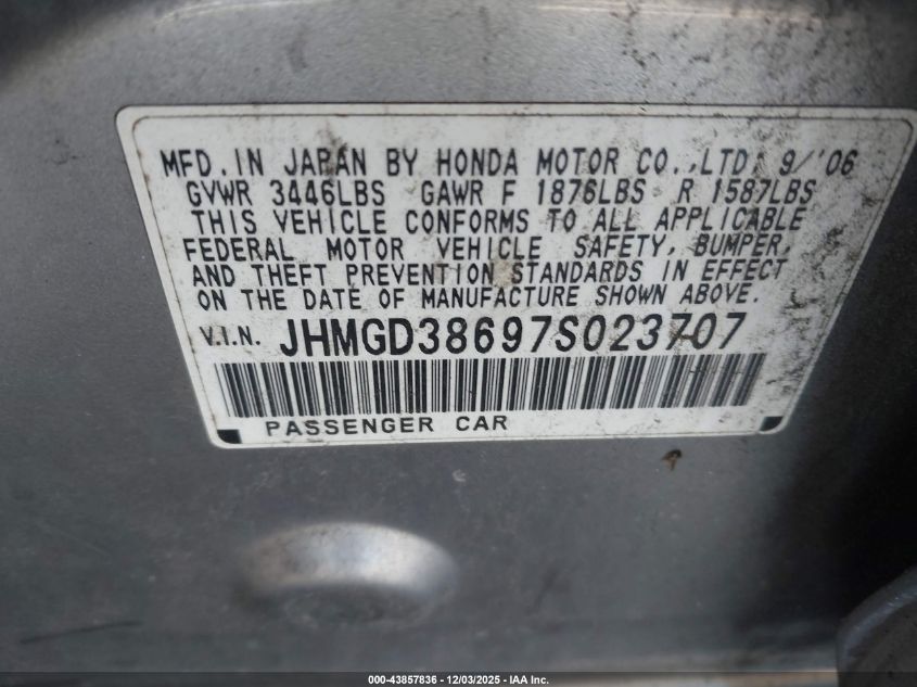 2007 Honda Fit Sport VIN: JHMGD38697S023707 Lot: 43857836