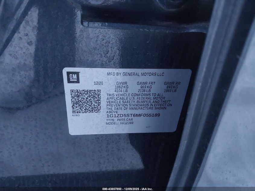 2021 Chevrolet Malibu Fwd Lt VIN: 1G1ZD5ST6MF055189 Lot: 43857850
