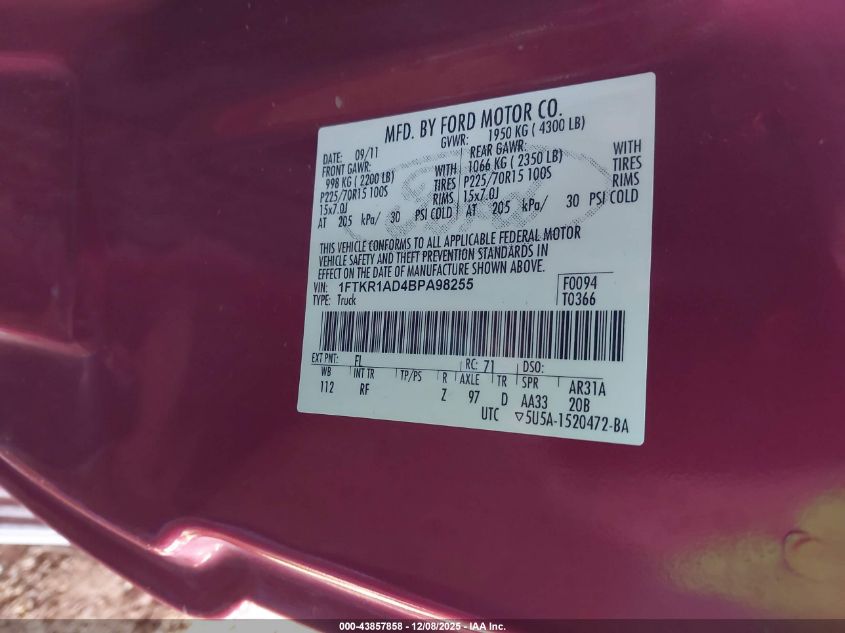 2011 Ford Ranger Xlt VIN: 1FTKR1AD4BPA98255 Lot: 43857858