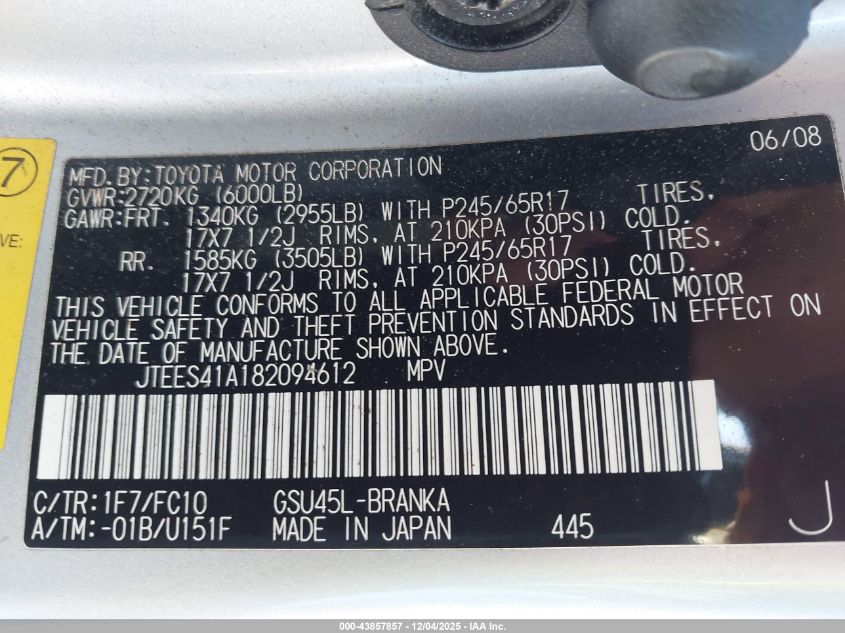 2008 Toyota Highlander VIN: JTEES41A182094612 Lot: 43857857