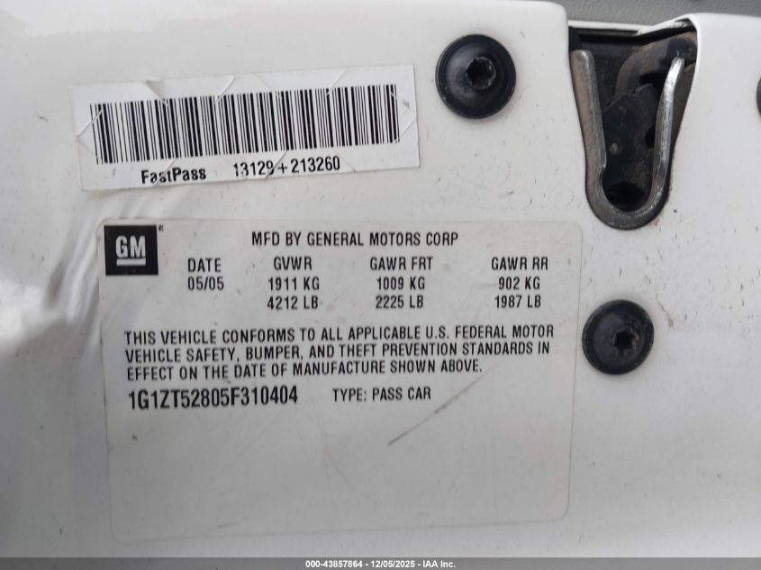2005 Chevrolet Malibu Ls VIN: 1G1ZT52805F310404 Lot: 43857864