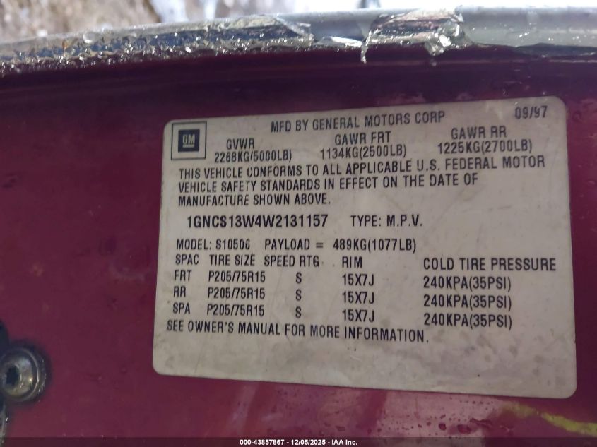 1998 Chevrolet Blazer Ls VIN: 1GNCS13W4W2131157 Lot: 43857867