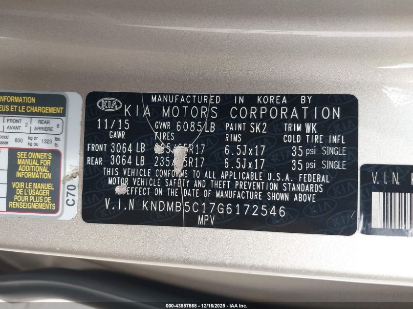 2016 Kia Sedona Lx VIN: KNDMB5C17G6172546 Lot: 43857868