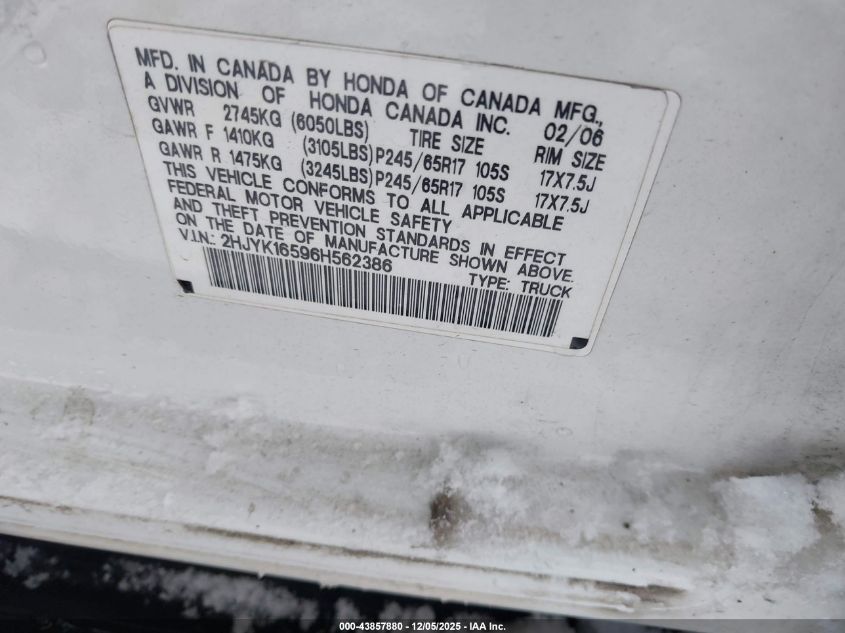 2006 Honda Ridgeline Rtl VIN: 2HJYK16596H562386 Lot: 43857880