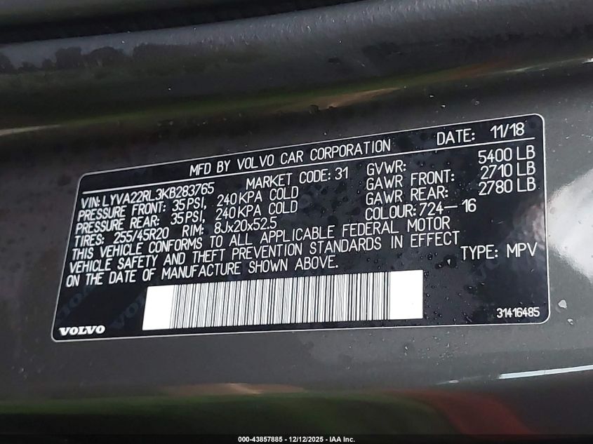 2019 Volvo Xc60 T6 Inscription VIN: LYVA22RL3KB283765 Lot: 43857885