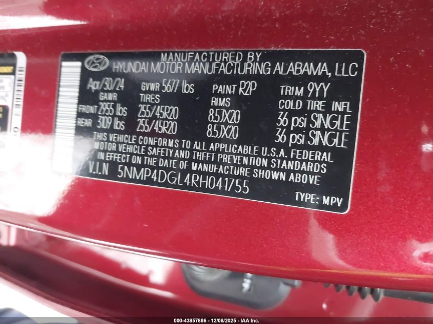 2024 Hyundai Santa Fe Limited VIN: 5NMP4DGL4RH041755 Lot: 43857886