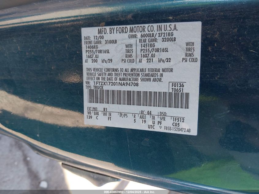 2001 Ford F-150 Xl/Xlt VIN: 1FTZX17201NA94708 Lot: 43857893