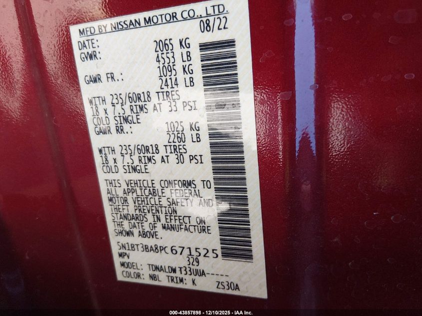 2023 Nissan Rogue Sv Fwd VIN: 5N1BT3BA8PC671525 Lot: 43857898