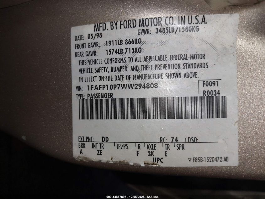 1998 Ford Escort Lx VIN: 1FAFP10P7WW294808 Lot: 43857897