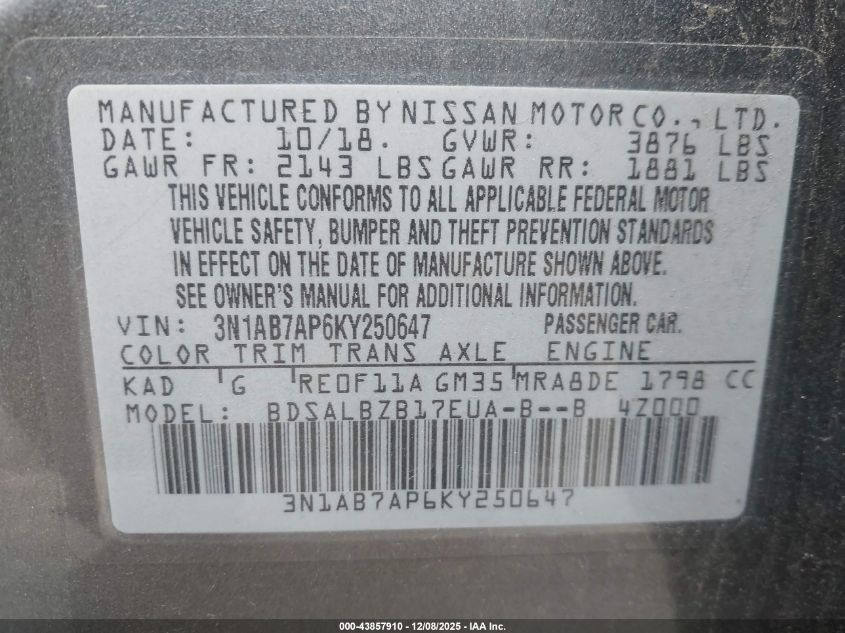 2019 Nissan Sentra S VIN: 3N1AB7AP6KY250647 Lot: 43857910