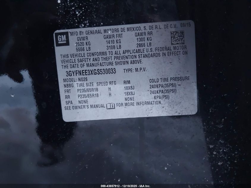 2016 Cadillac Srx Luxury Collection VIN: 3GYFNEE3XGS530033 Lot: 43857912