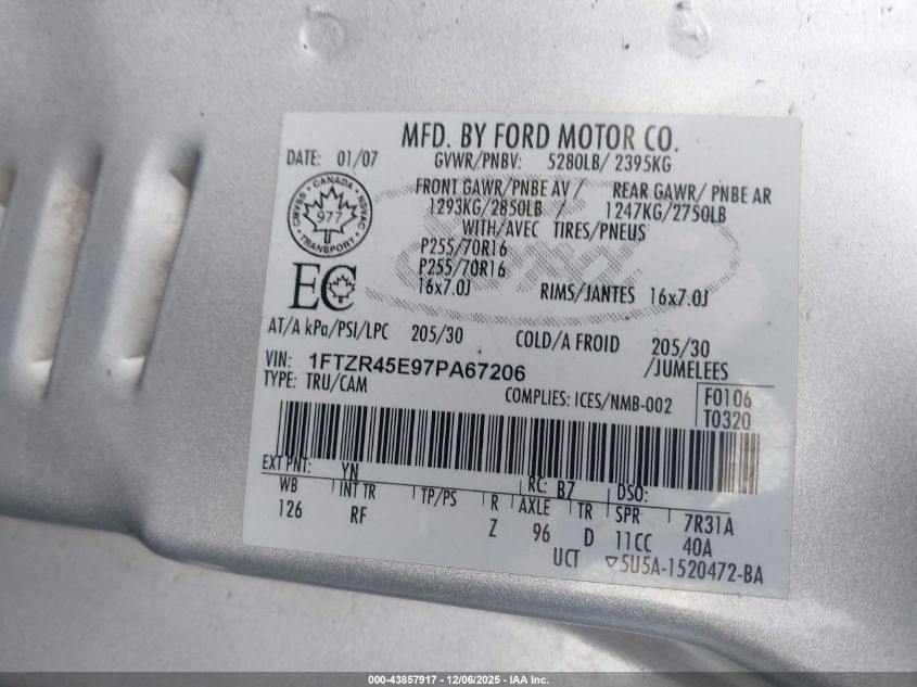 2007 Ford Ranger Fx4 Level Ii/Fx4 Off-Road/Sport/Xlt VIN: 1FTZR45E97PA67206 Lot: 43857917
