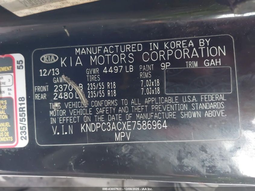 2014 Kia Sportage Ex VIN: KNDPC3ACXE7586964 Lot: 43857923