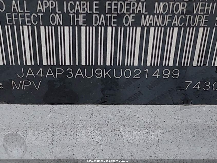 2019 Mitsubishi Outlander Sport 2.0 Es VIN: JA4AP3AU9KU021499 Lot: 43857928