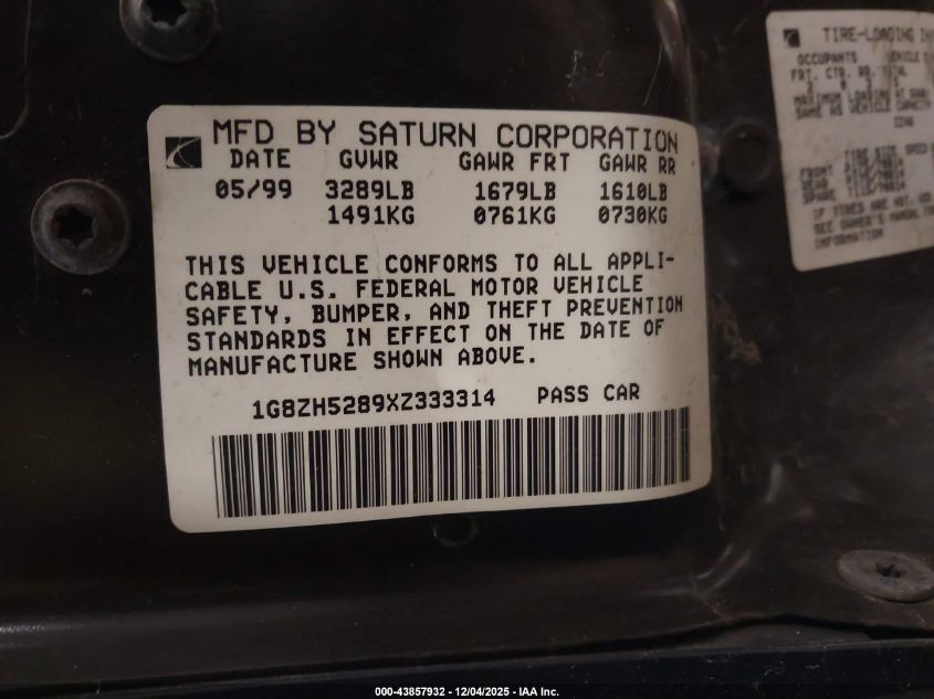 1999 Saturn Sl1 VIN: 1G8ZH5289XZ333314 Lot: 43857932