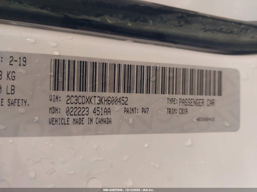 2019 Dodge Charger Police Awd VIN: 2C3CDXKT3KH600452 Lot: 43857946