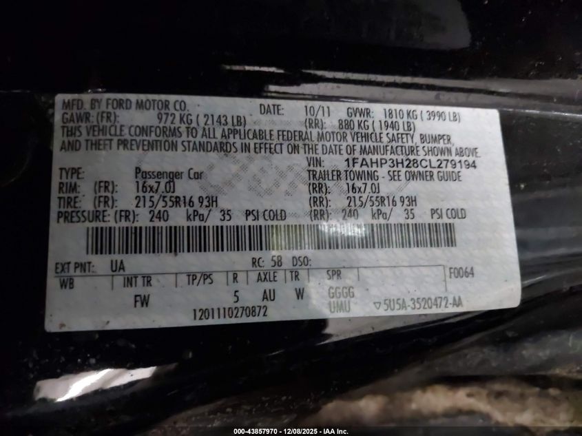 2012 Ford Focus Sel VIN: 1FAHP3H28CL279194 Lot: 43857970