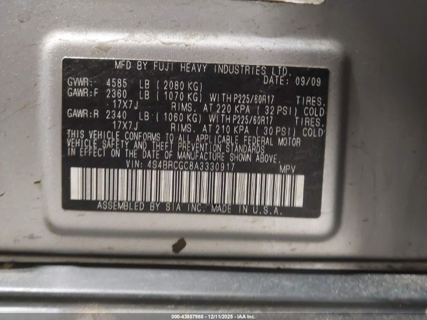 2010 Subaru Outback 2.5I Premium VIN: 4S4BRCGC8A3330917 Lot: 43857988