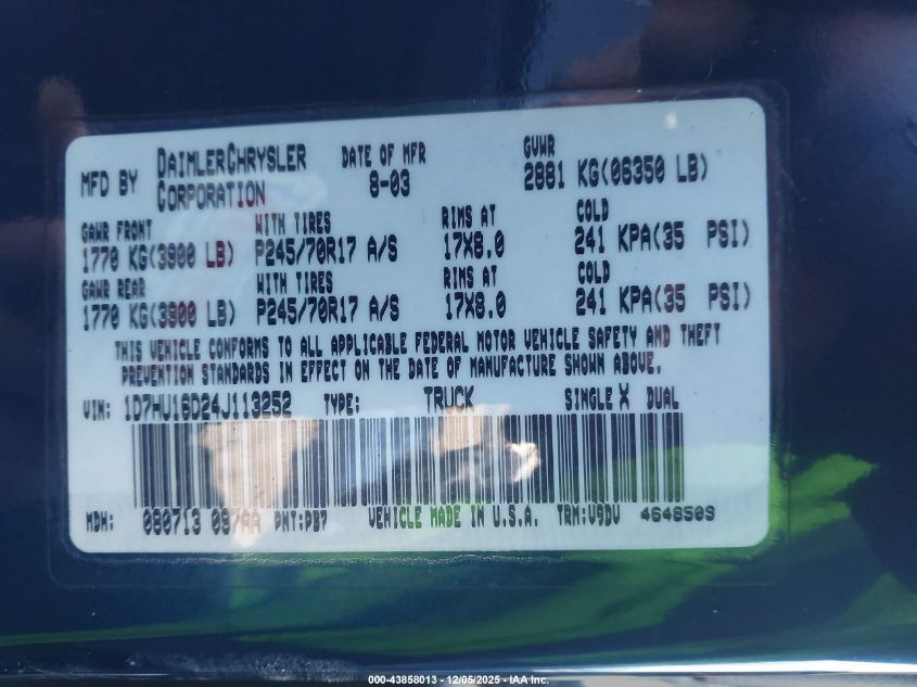 2004 Dodge Ram 1500 Slt/Laramie VIN: 1D7HU16D24J113252 Lot: 43858013