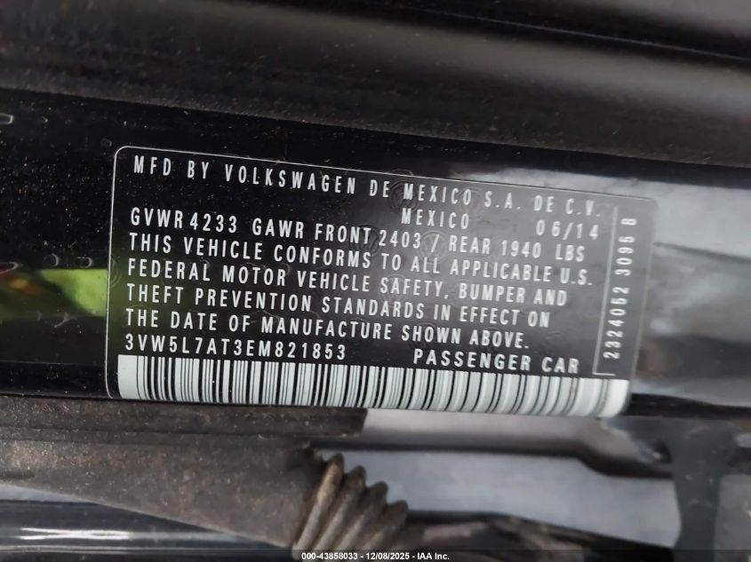 2014 Volkswagen Beetle 2.0L Tdi VIN: 3VW5L7AT3EM821853 Lot: 43858033