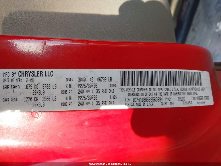 2008 Dodge Ram 1500 Slt VIN: 1D7HA18N58S565694 Lot: 43858049