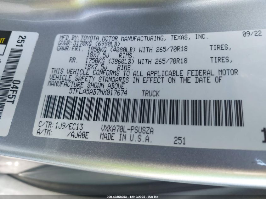 2022 Toyota Tundra Sr5 VIN: 5TFLA5AB7NX017674 Lot: 43858053