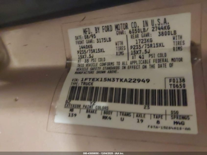 1996 Ford F150 VIN: 1FTEX15N3TKA22949 Lot: 43858058