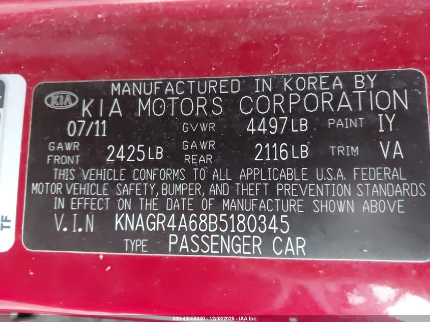 2011 Kia Optima Sx VIN: KNAGR4A68B5180345 Lot: 43858080