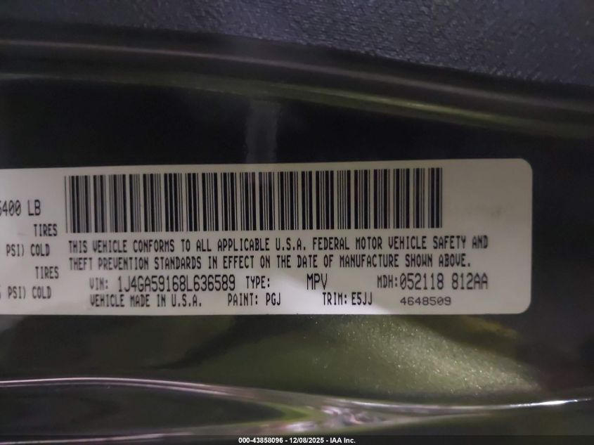 2008 Jeep Wrangler Unlimited Sahara VIN: 1J4GA59168L636589 Lot: 43858096