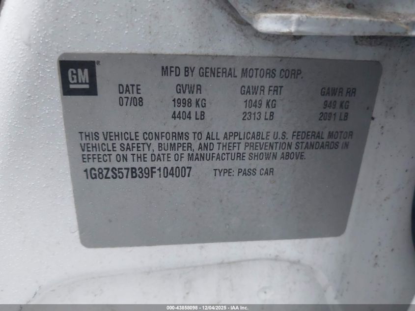 2009 Saturn Aura Xe VIN: 1G8ZS57B39F104007 Lot: 43858098