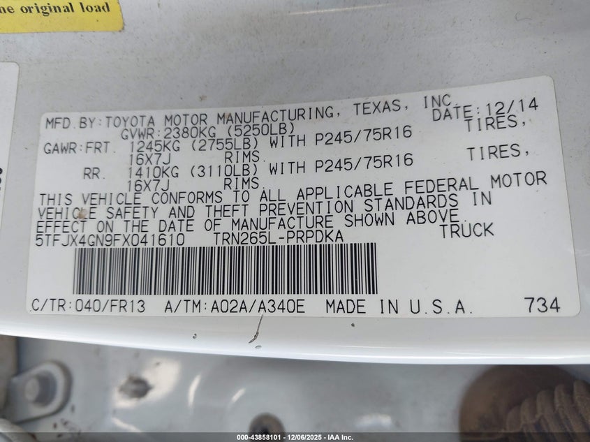 5TFJX4GN9FX041610 2015 TOYOTA TACOMA photo no. 9