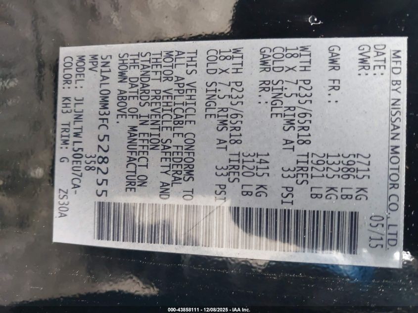 2015 Infiniti Qx60 VIN: 5N1AL0MM3FC528255 Lot: 43858111