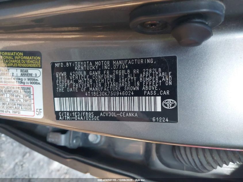 2005 Toyota Camry Le VIN: 4T1BE30K75U946024 Lot: 43858119