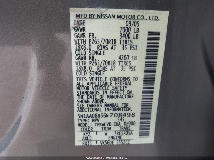 2006 Nissan Armada Le VIN: 5N1AA08B56N708498 Lot: 43858132